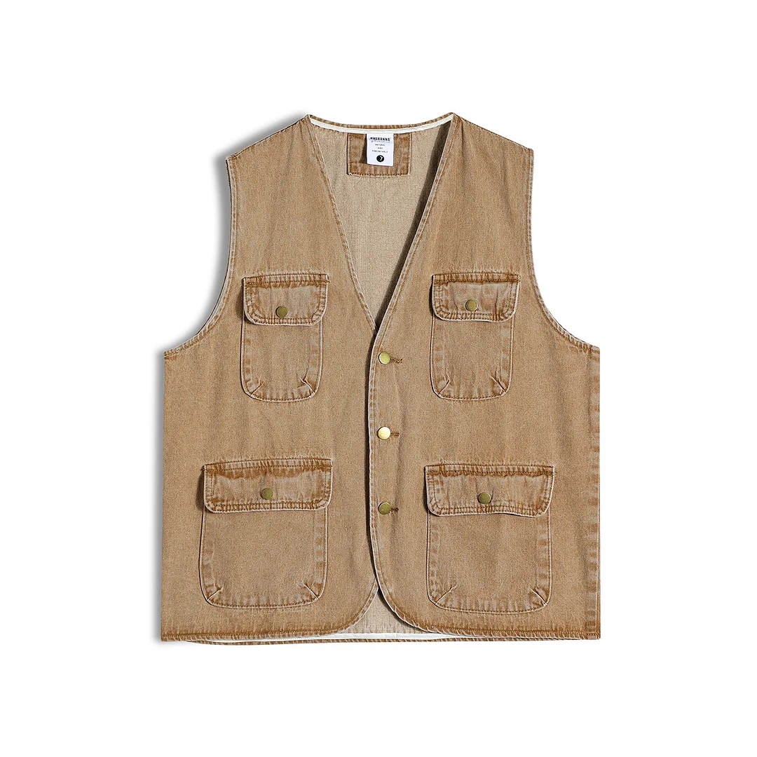 Men's Vintage Amikaji Multi-pocket Denim Vest Jacket Casual Sleeveless Button Vest