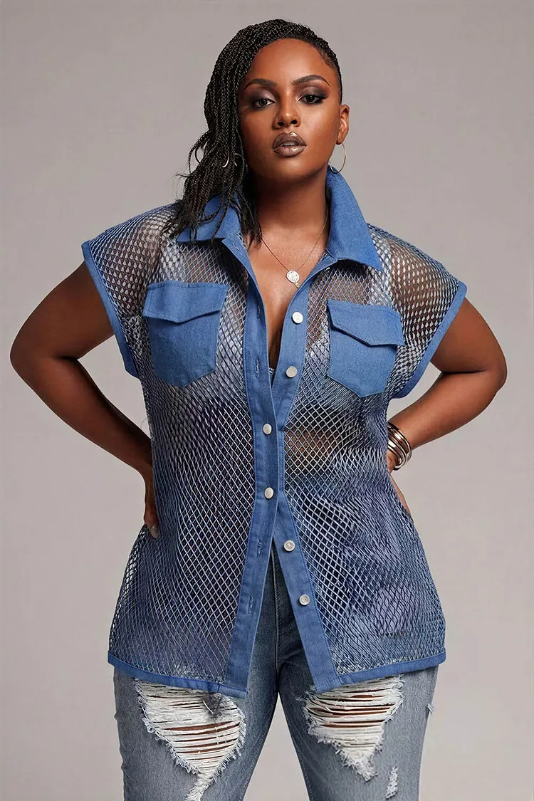 Xpluswear Design Plus Size Party Light Blue Shirt Collar Short Sleeve See Through Blouses 2024 - Xpluswear
