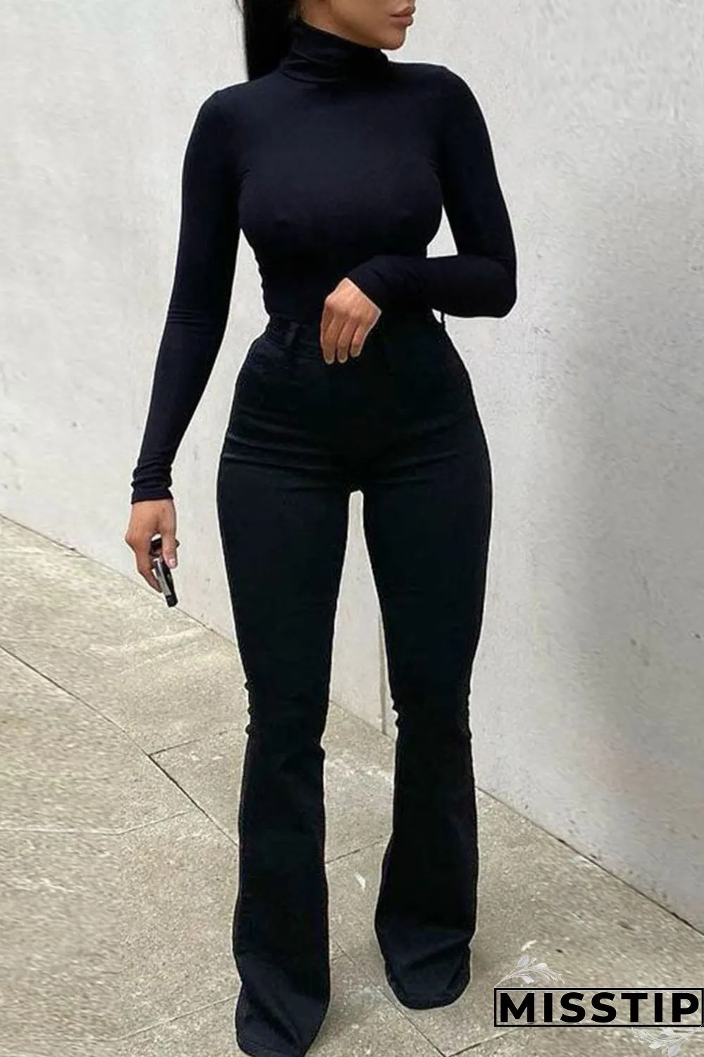 Black Casual Street Solid Patchwork High Waist Boot Cut Denim Jeans