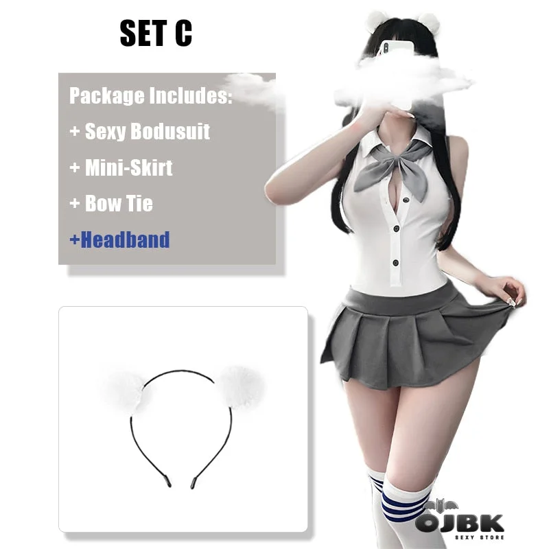 Sexy Lingerie Cheer Learder Cosplay Costumes One Piece Bodysuit Teddy With Mini-Skirt Sailor Moon Outfit Gray White Erotic Set