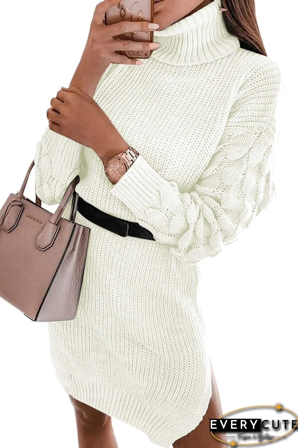 White Plain Turtleneck Sweater Dress with Slits