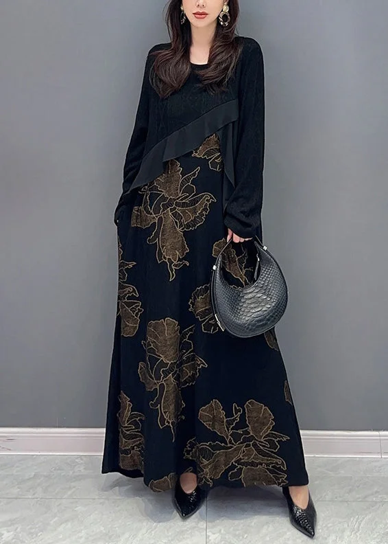 Loose Black Asymmetrical Print Patchwork Cotton Knit Long Dress Fall