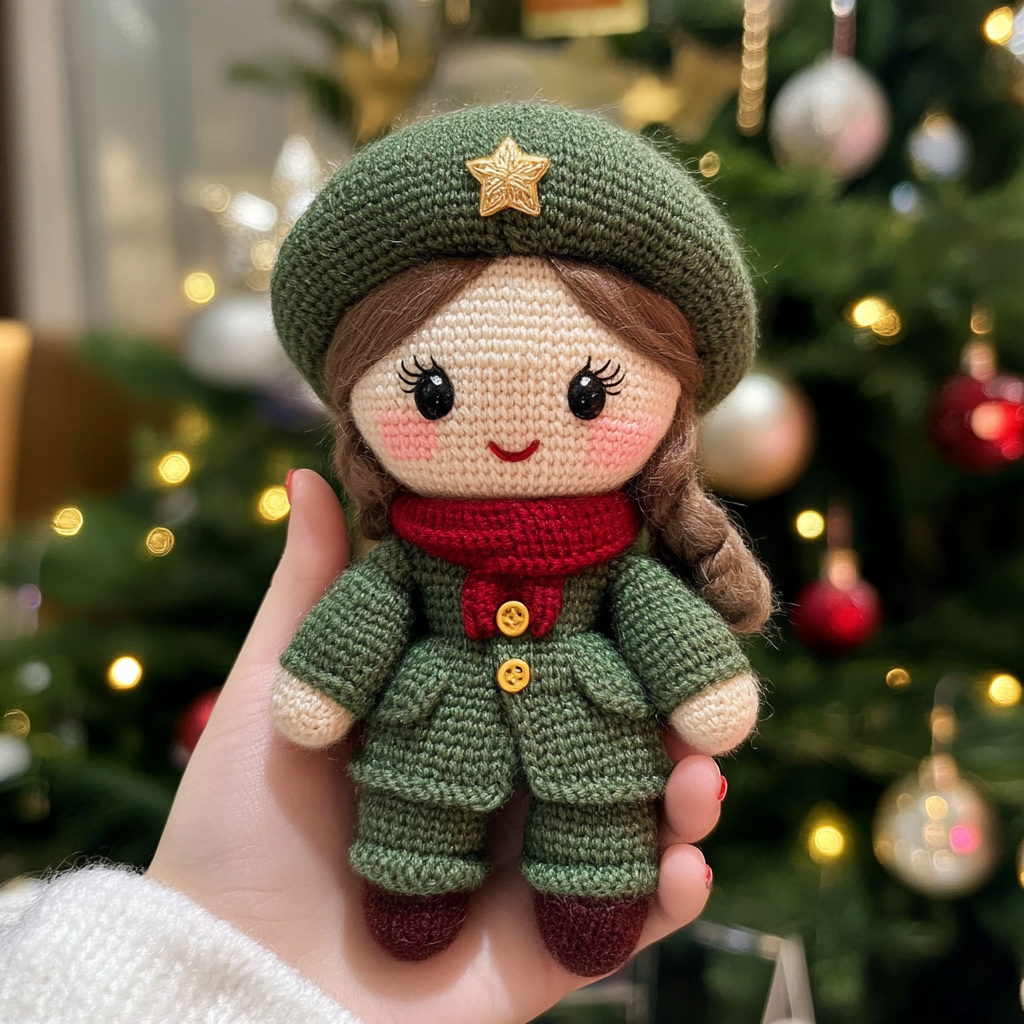 Braveheart Knitted Soldier Girl – Handcrafted Patriotic Home Decor