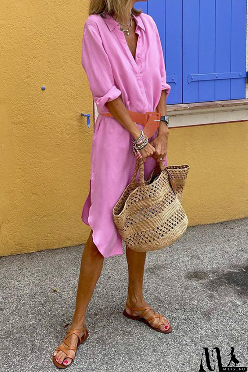 MidiSono - Casual Simplicity Solid Slit Turndown Collar Shirt Dresses(3 Colors)