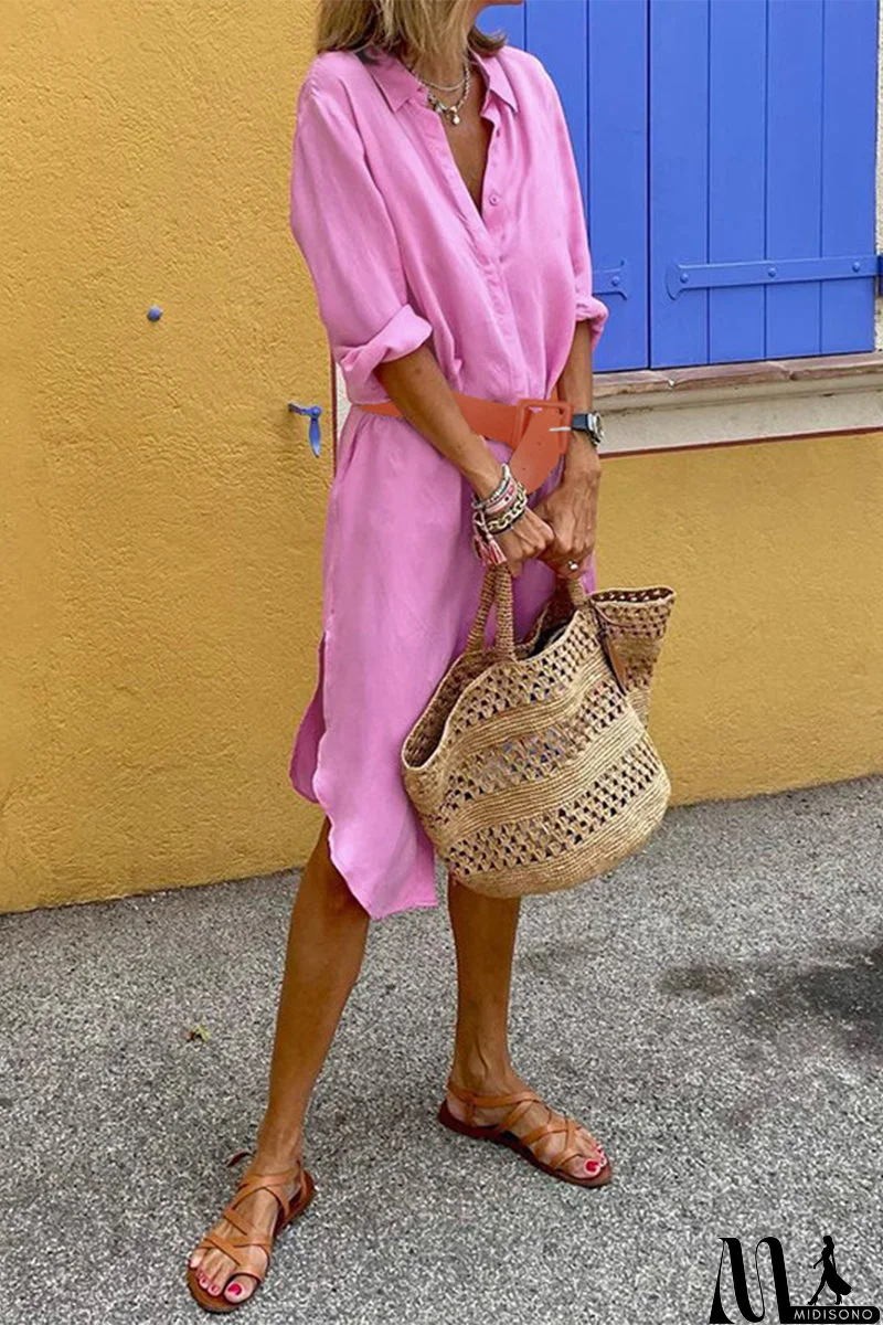 MidiSono - Casual Simplicity Solid Slit Turndown Collar Shirt Dresses(3 Colors)