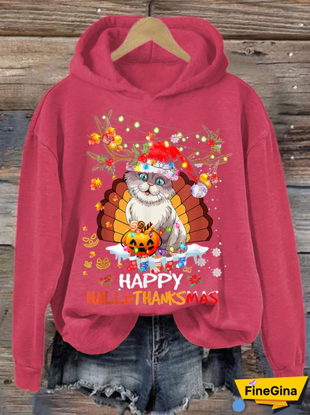 Women's Happy Hallothanksmas Cute Cat Hoodie