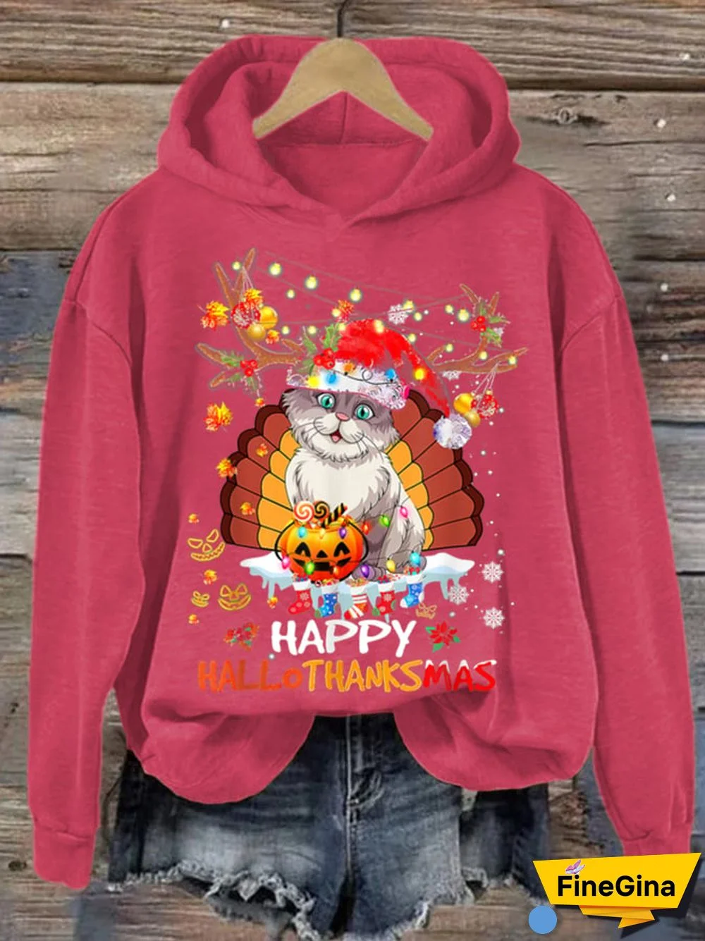 Women's Happy Hallothanksmas Cute Cat Hoodie