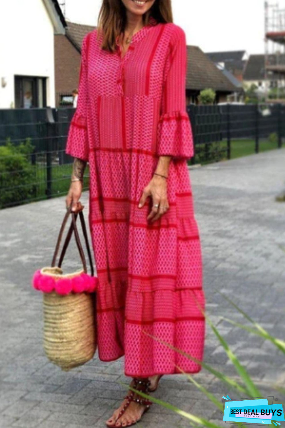 Fashion Print Flounce V Neck Cake Skirt Dresses