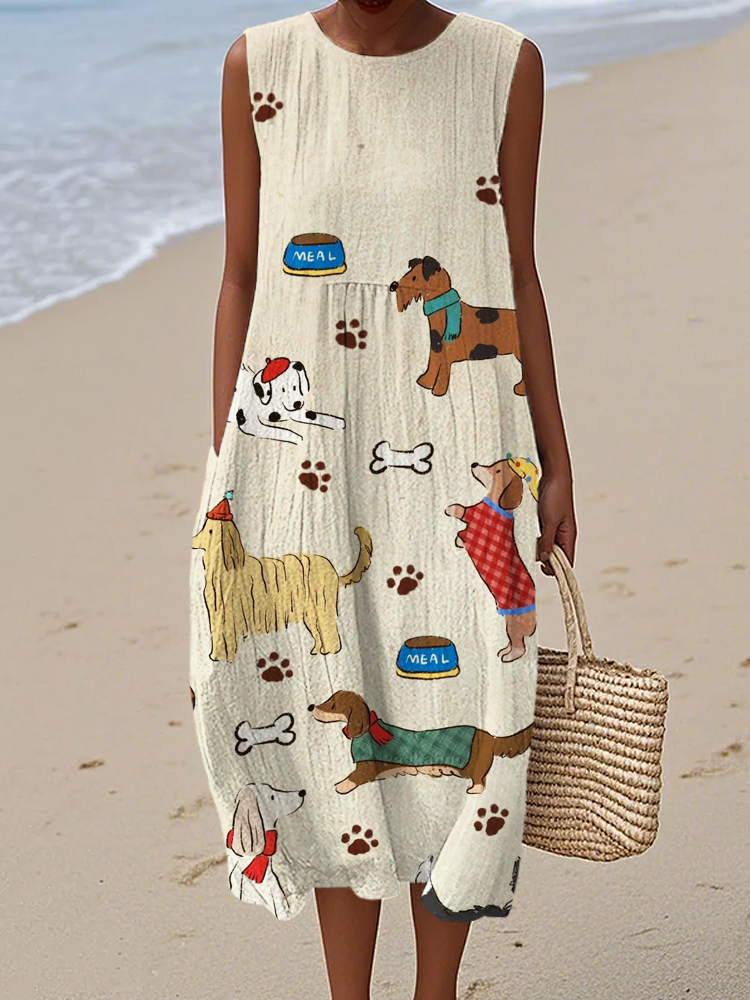 Funny Puppies Print Women's Linen Vest Dress wearshes