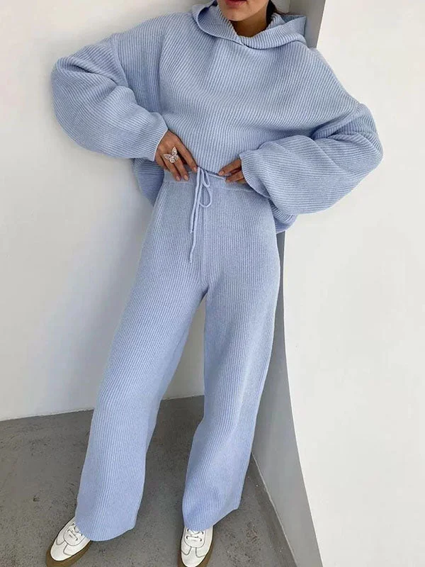 Pure Color Roomy Round-Neck Hooded Long Sleeves Sweater Top + Drawstring Pants Bottom Two Pieces Set