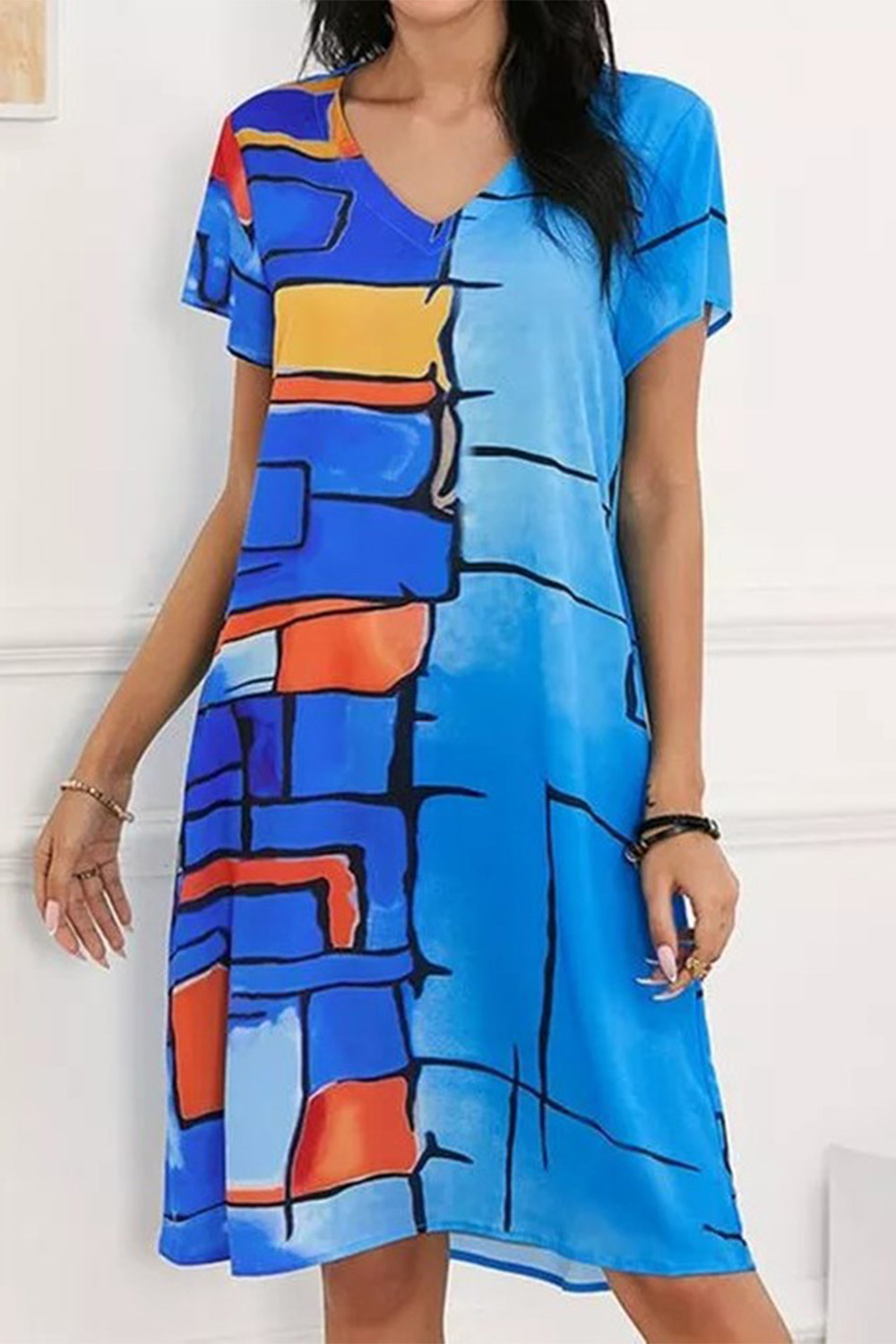Plus Size Vacation Royal Blue Colorblock Print Midi Dress 2024 - Flycurvy 