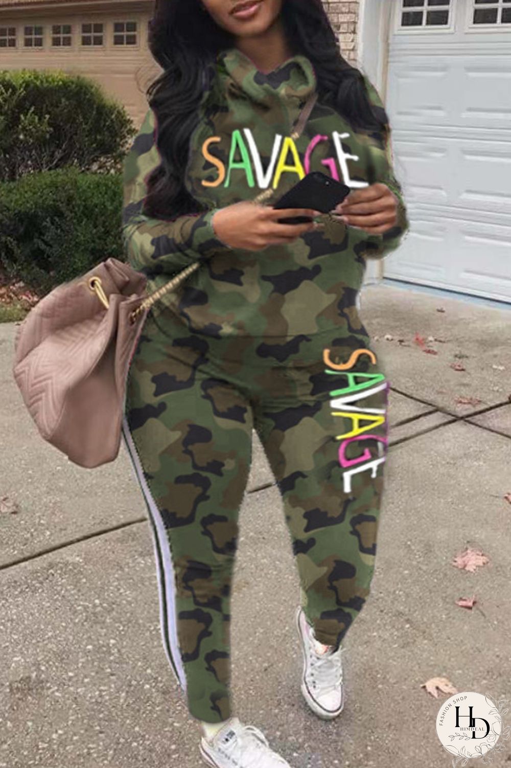 Camouflage Fashion Casual Letter Camouflage Print Basic Hooded Collar Plus Size Two Pieces