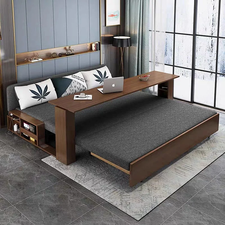 Homemys Multifunctional Modern Solid Wood Folding Telescopic Sofa Bed Storage Lattice Side Cabinet Folding Desk