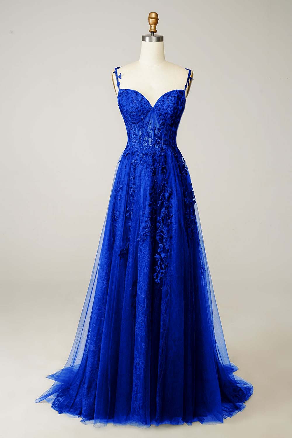Spaghetti Straps Fashion Dark Navy Tulle Appliques Long Mermaid Prom Dress