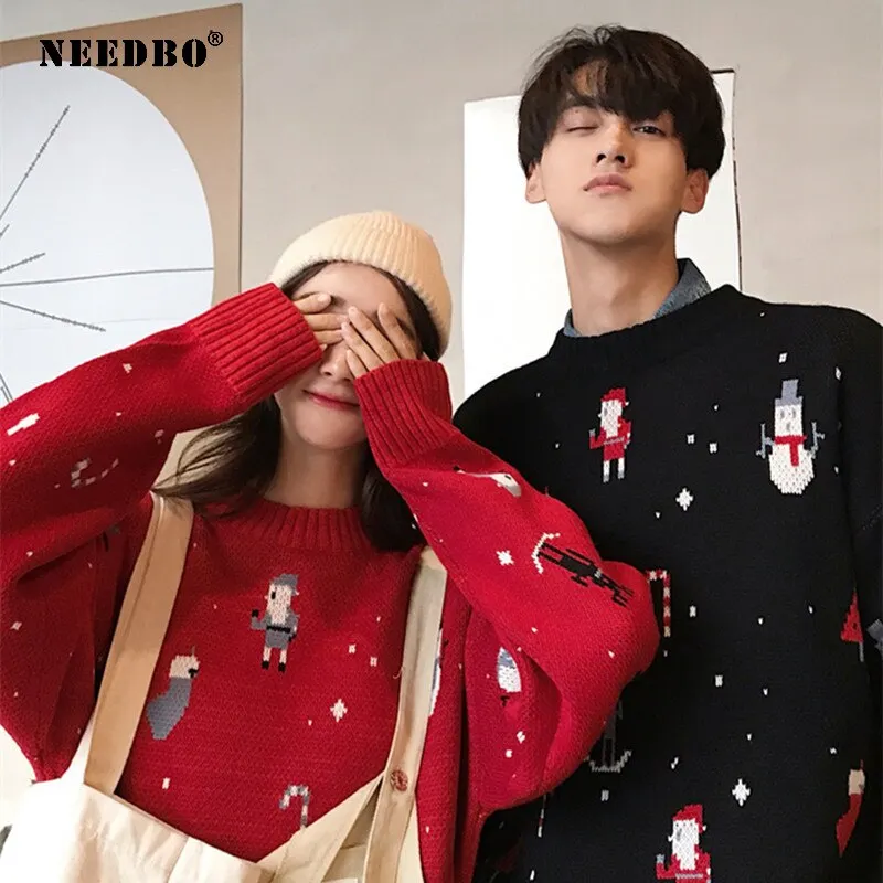 Christmas Knit Sweater Women Man Oversize Pullover Navidad Couple Women Sweater Autumn Winter Patchwork Sweater Jacket