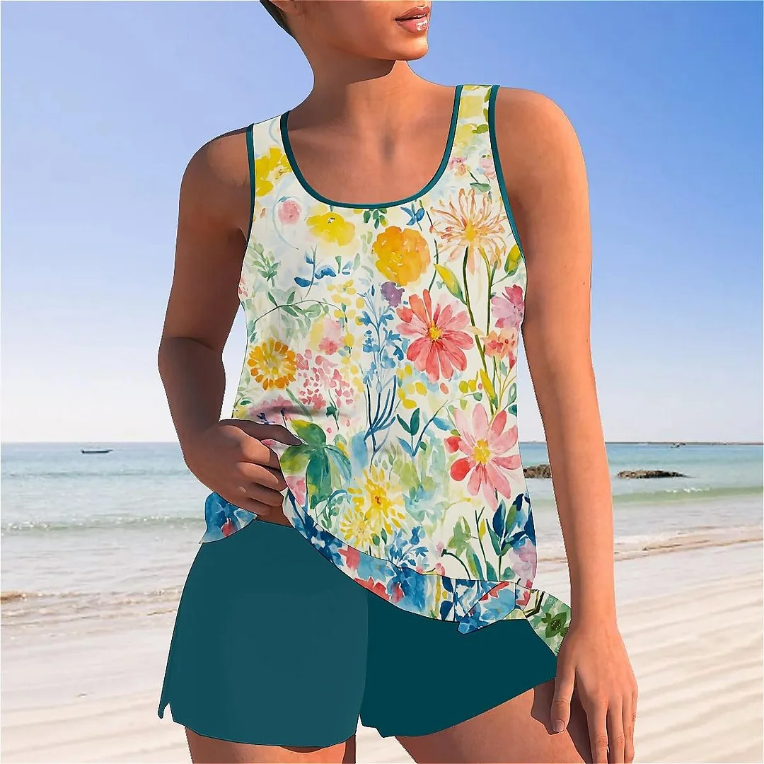 Bowknot Floral,Yellow,Red Mid Waisted Tankini Set - Plus Size Available
