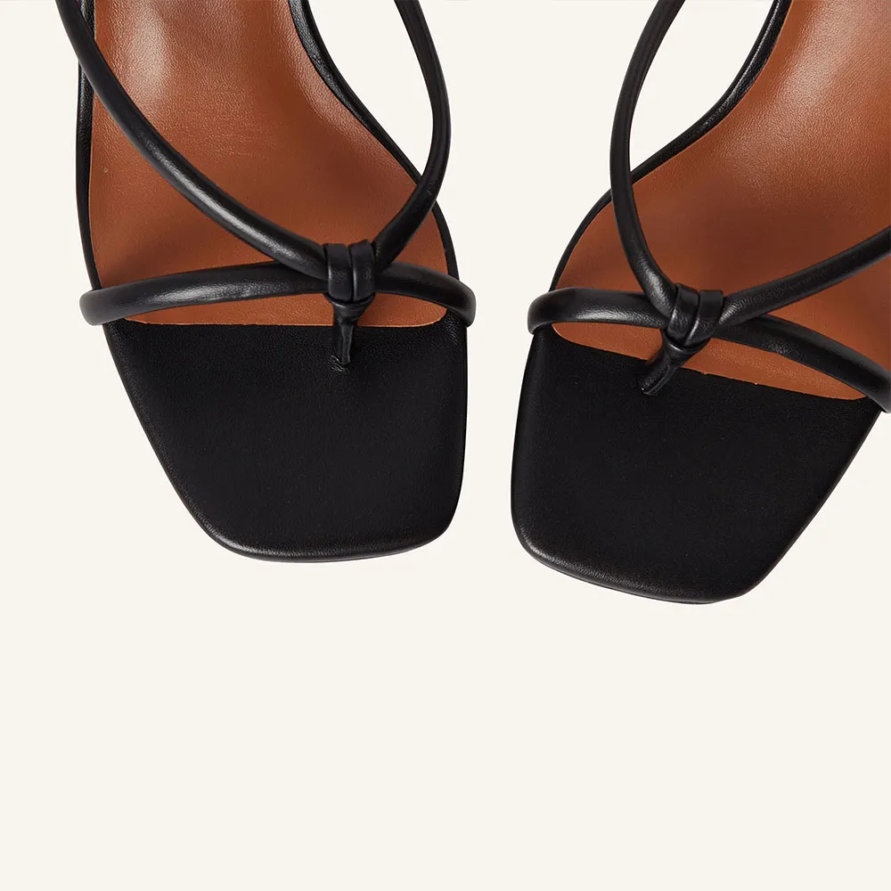 Black Vegan Leather Open Square Toe Strappy Kitten Heeled Sandals