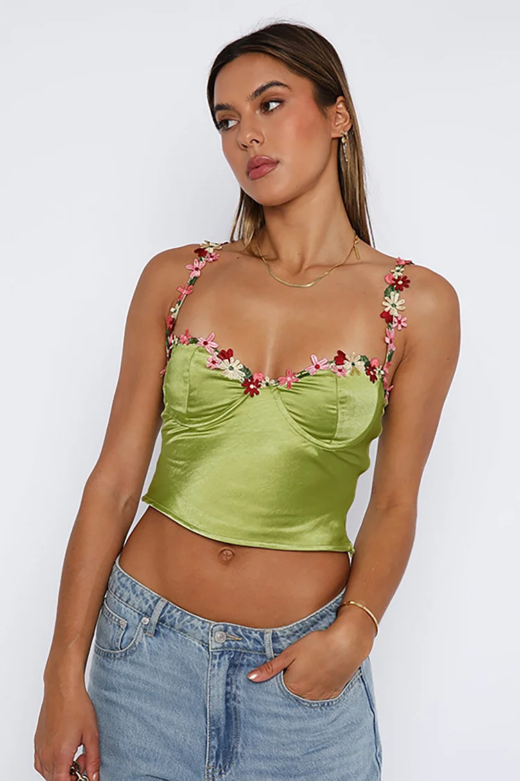 Satin Daisy Embroidery Cami Irregular Neck Backless Crop Top