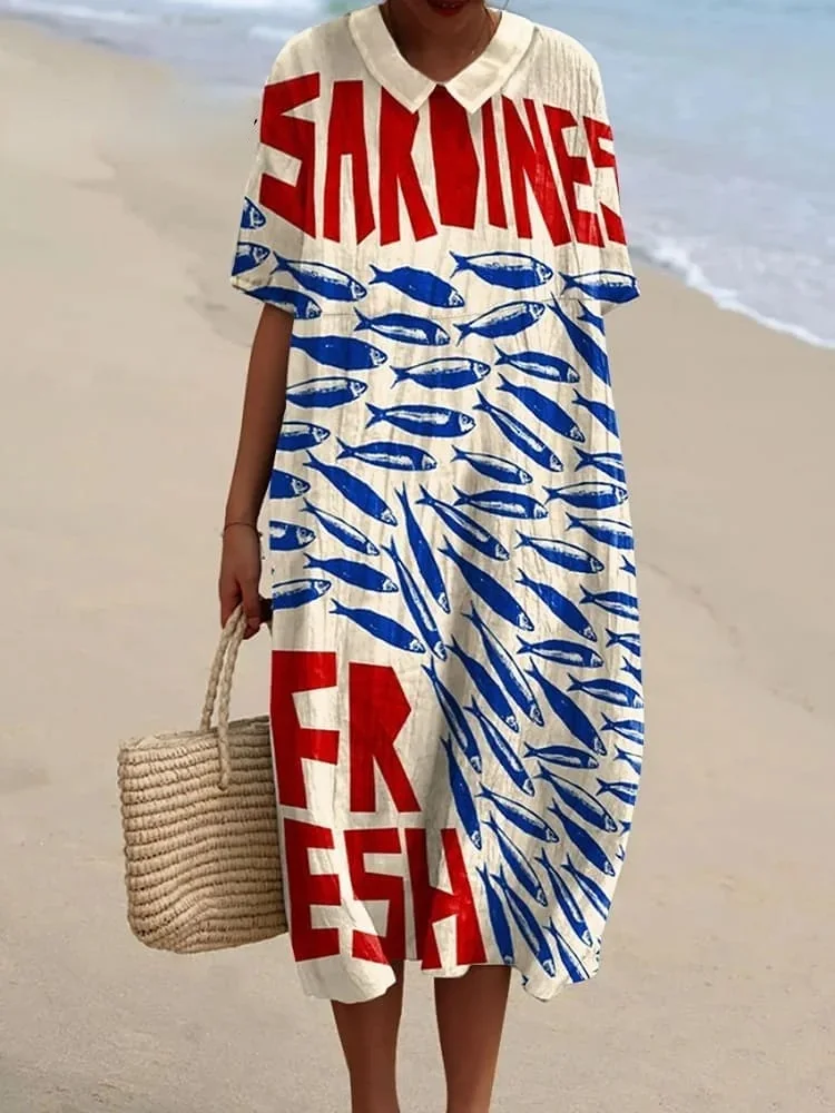Women's Vintage Fish Art Print Flowy Dress