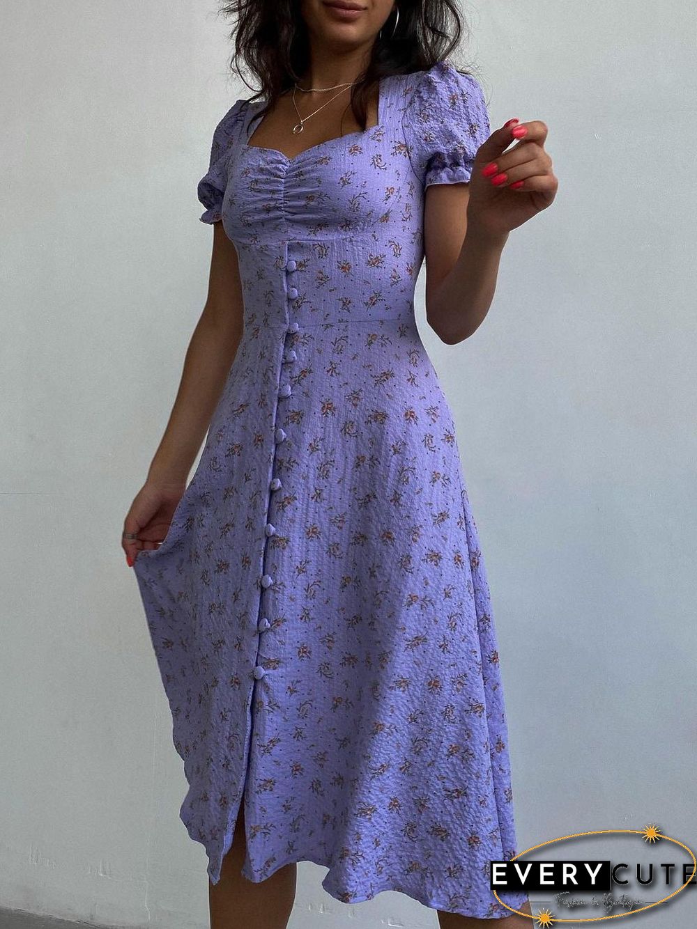 Women'S Dresses Floral Square Neck Button Short Sleeve Dress