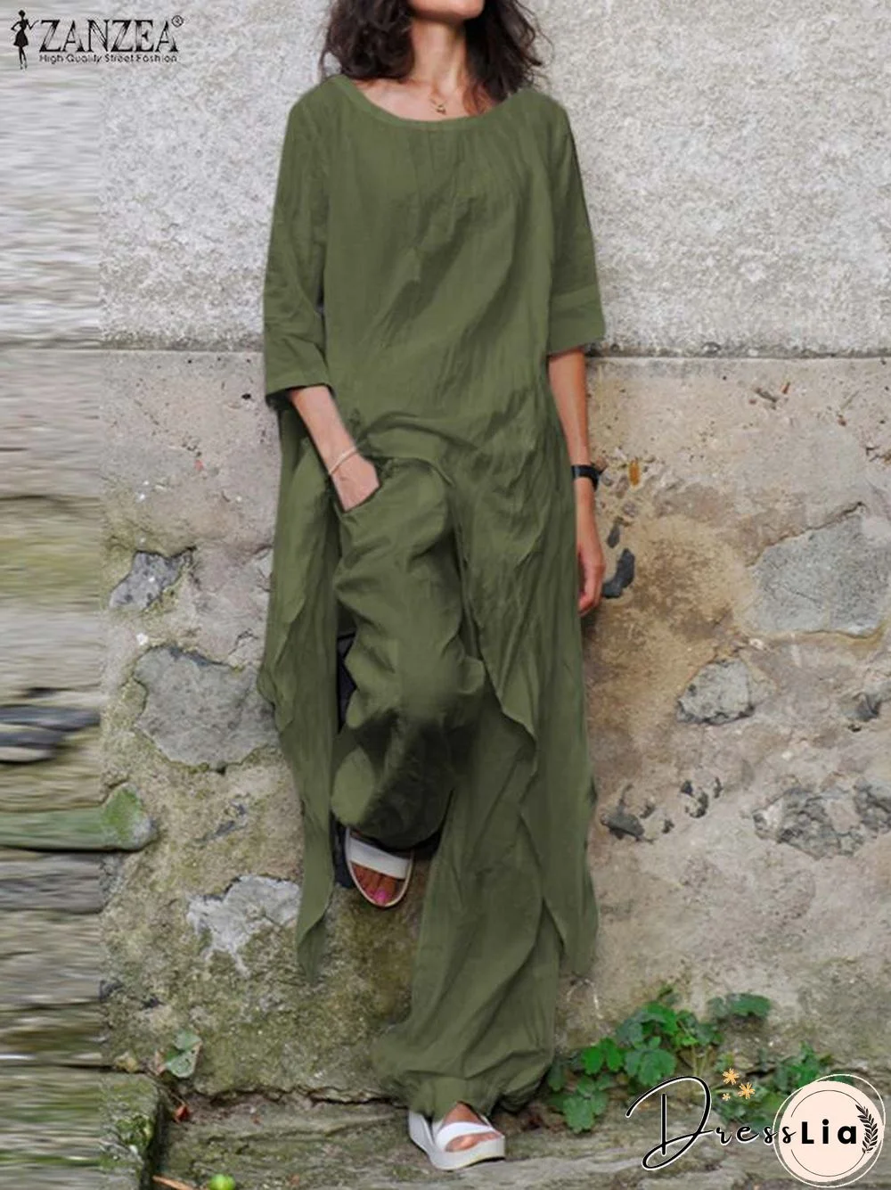 Two Piece Sets Women Tracksuit Zanzea Fashion Summer Matching Sets 2Pcs Casual 3/4 Sleeve Irregular Blouse Suits Urban Outifits7