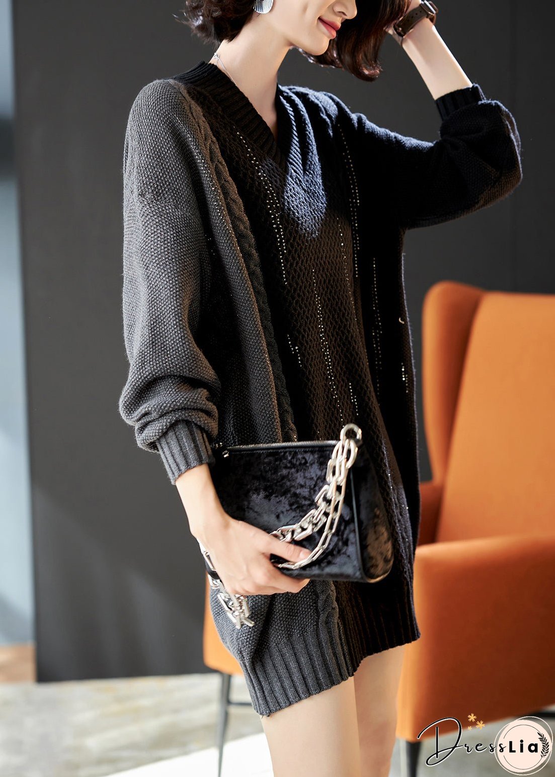 Handmade Colorblock V Neck Patchwork Knit Long Sweater Winter