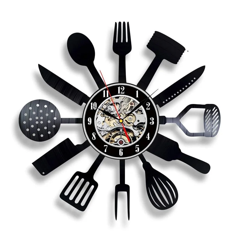 Kitchen Vinyl Record Wall Clock Modern Design Knife and Fork Time Clock with 7 Colors Cahnge 3D Wall Watch Home Decor