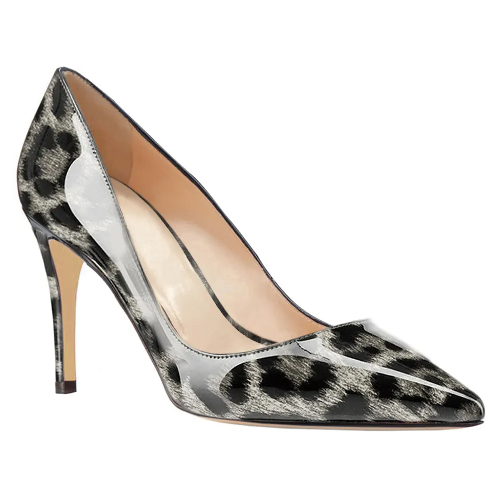 90mm Middle Heels Pointy Toe Pumps Grey Leopard Patent-vocosishoes