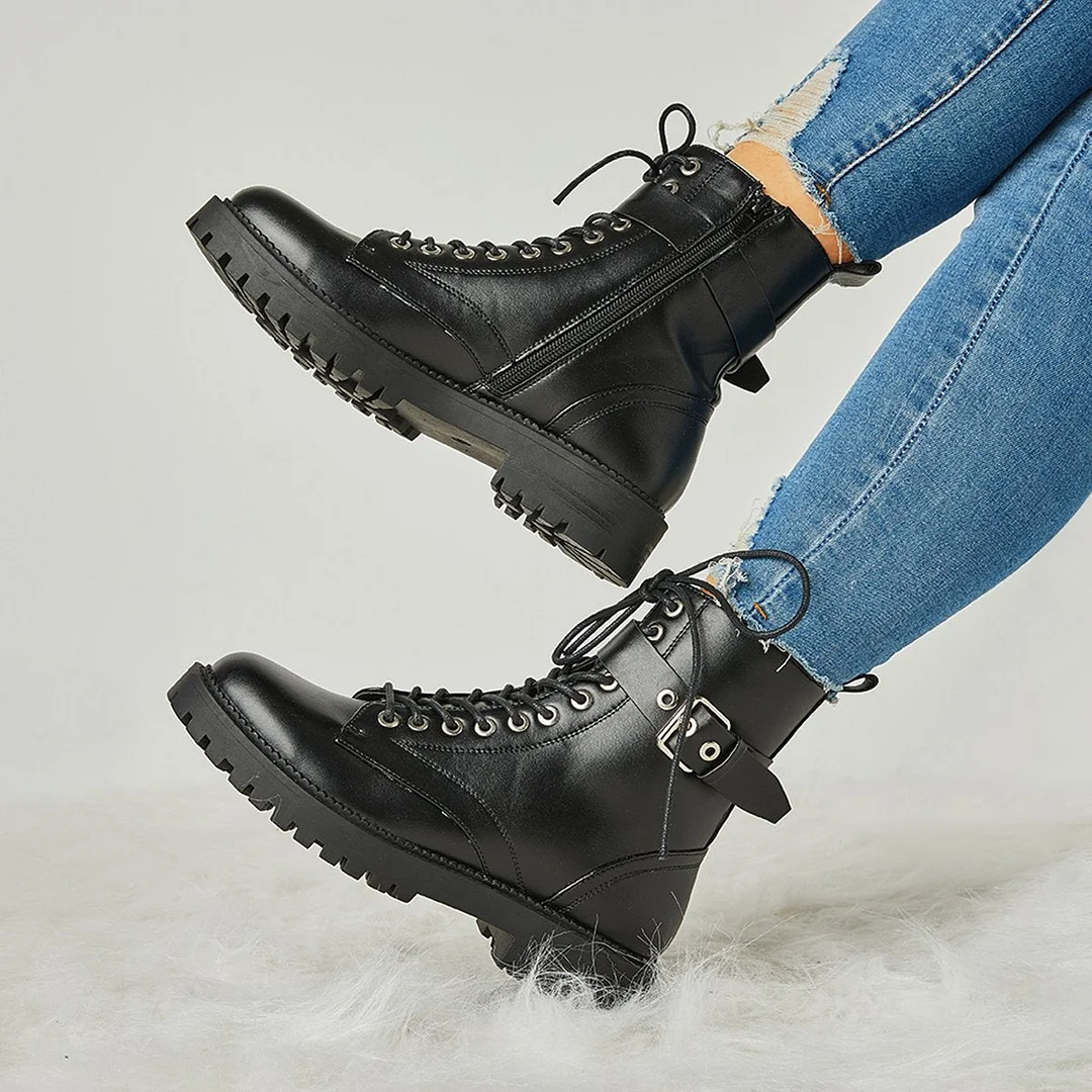 Women's Fashion Buckle Combat Leather Boots