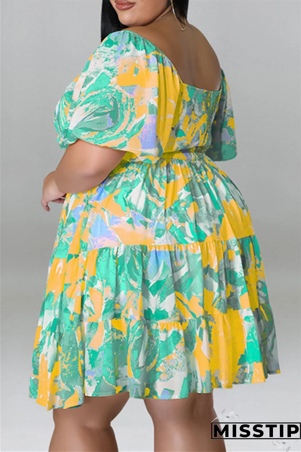 Blue Fashion Casual Plus Size Print Patchwork O Neck Short Sleeve Dress