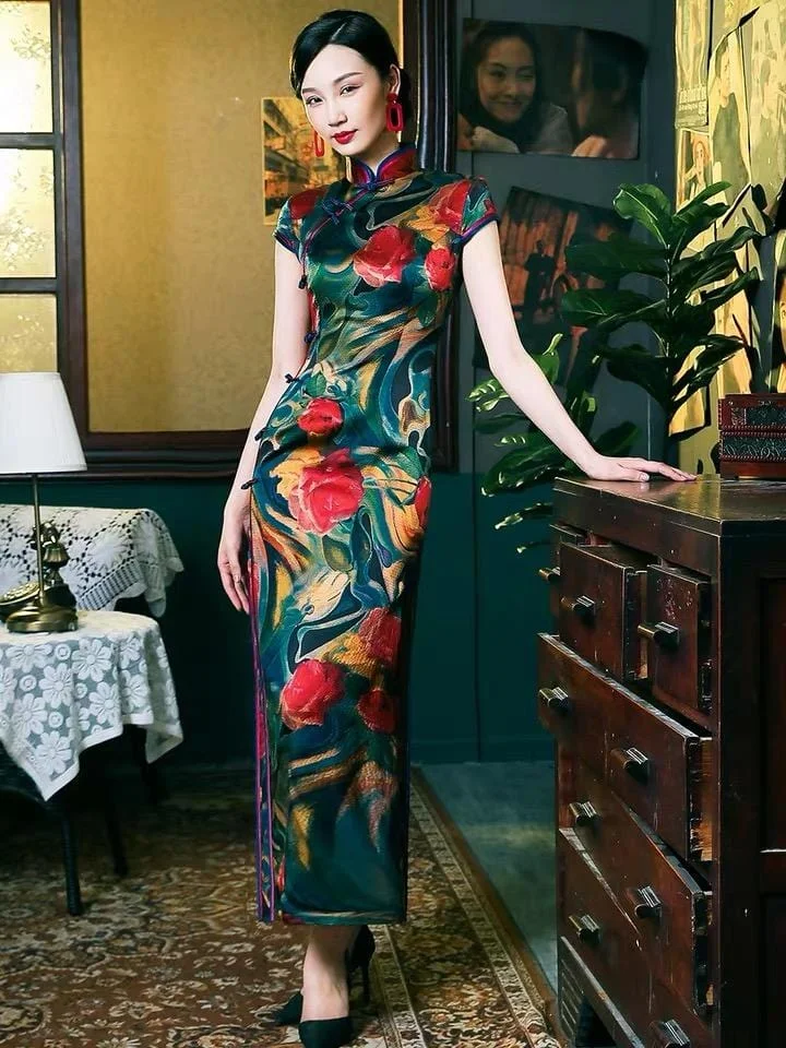 Old Shanghai style, 19 mome mulberry silk, high end long Qipao