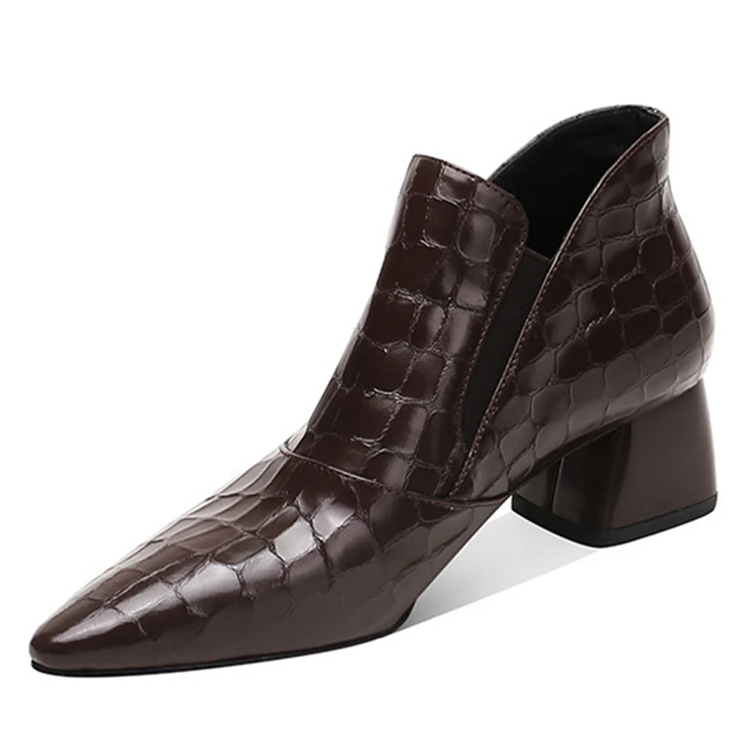 Brown Crocodile Embossed Chunky Heel Pointed Toe Booties for Women