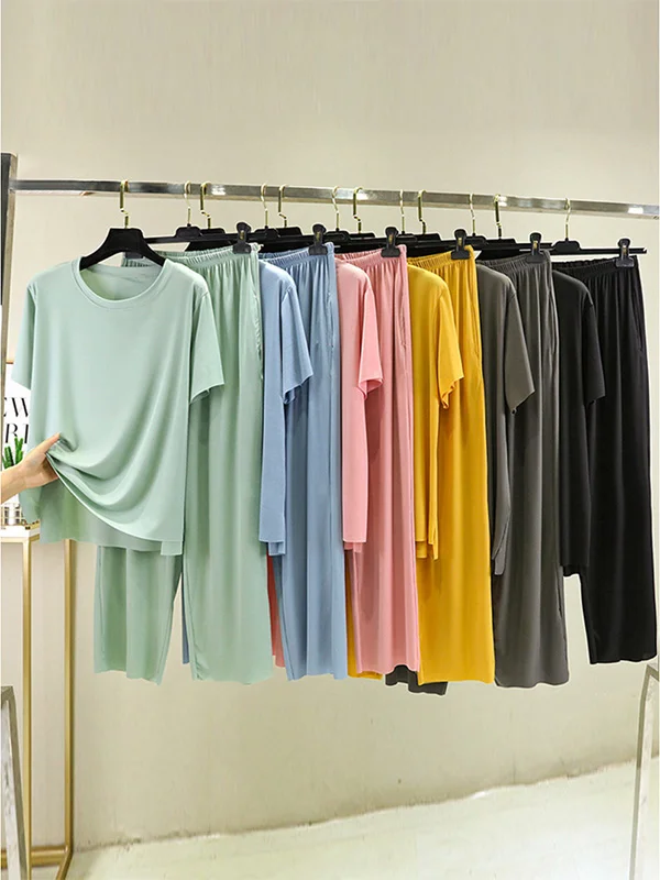 Casual Loose Short Sleeves Elasticity Solid Color Round-Neck Pajamas Set