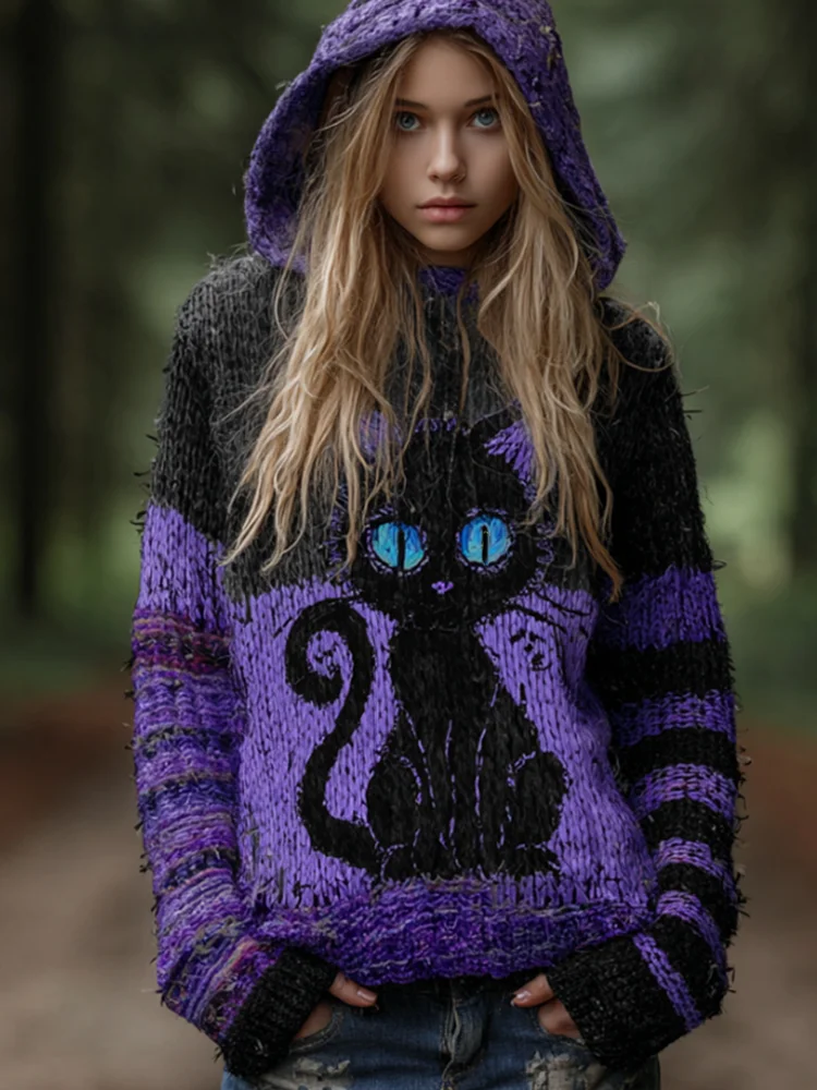 Women's Halloween Cat Embroidery Double-color Splicing Vintage Hooded Sweater