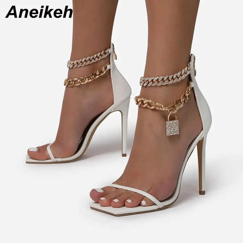 Aneikeh 2021 NEW Summer Women's Shoes Metal Chain Bling Rhinestone Decoration Sexy High Heel Ankle Zipper Ladies Party Shoes
