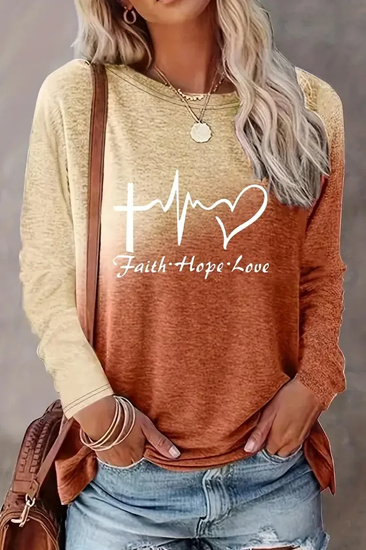 Flycurvy Plus Size Casual Brown Gradient Heart Letter Print Long Sleeve T-Shirt  Flycurvy [product_label]