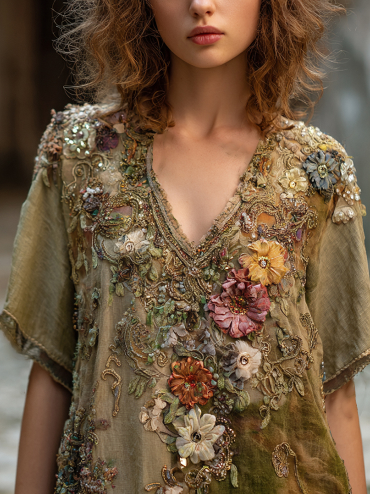 Comstylish Bohemian Wizard Of Oz Flower Vintage V-neck Short-sleeve Top