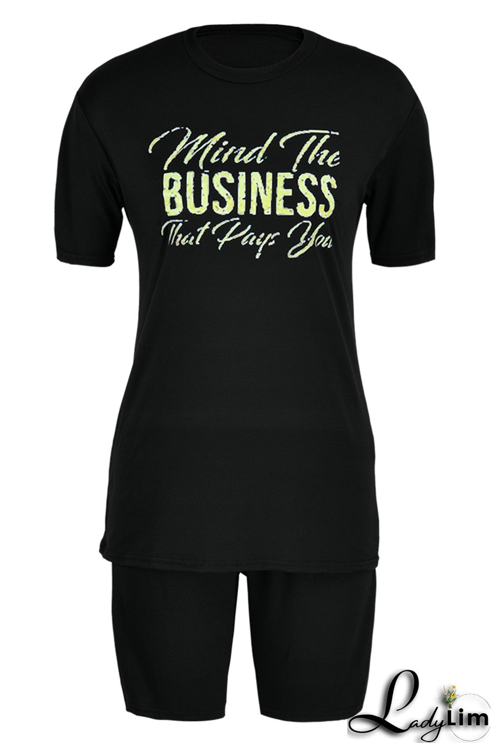 Black Fashion Casual Letter Print Basic O Neck Short Sleeve Two Pieces