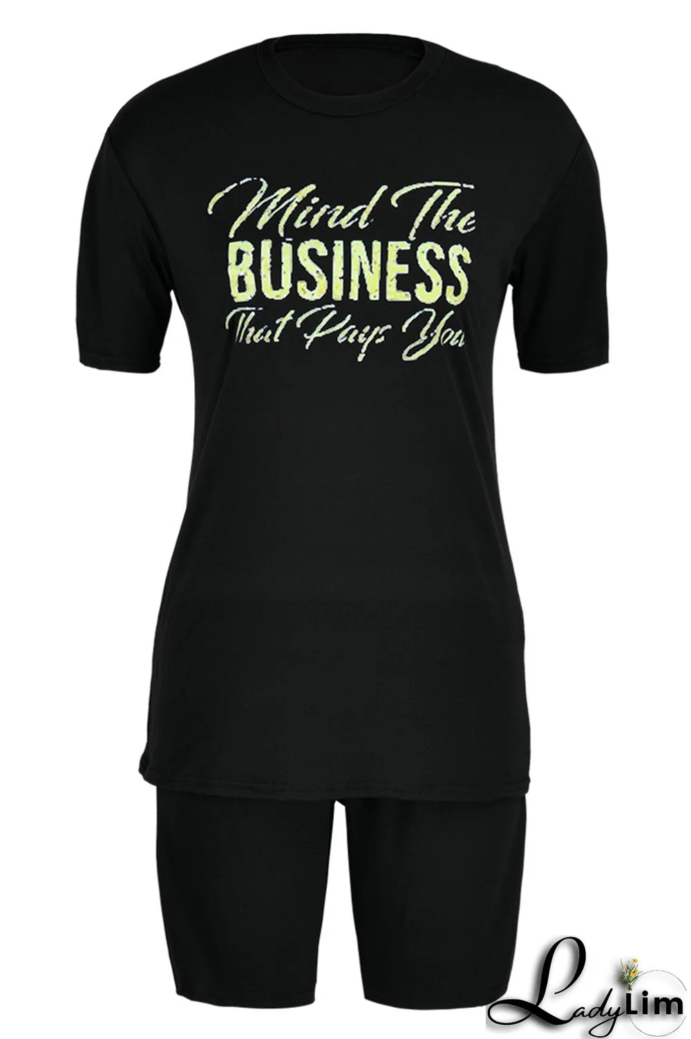 Black Fashion Casual Letter Print Basic O Neck Short Sleeve Two Pieces