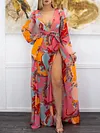 Deep V-Neck Puff Sleeves Floral Print Split-Side Belted Maxi Dress