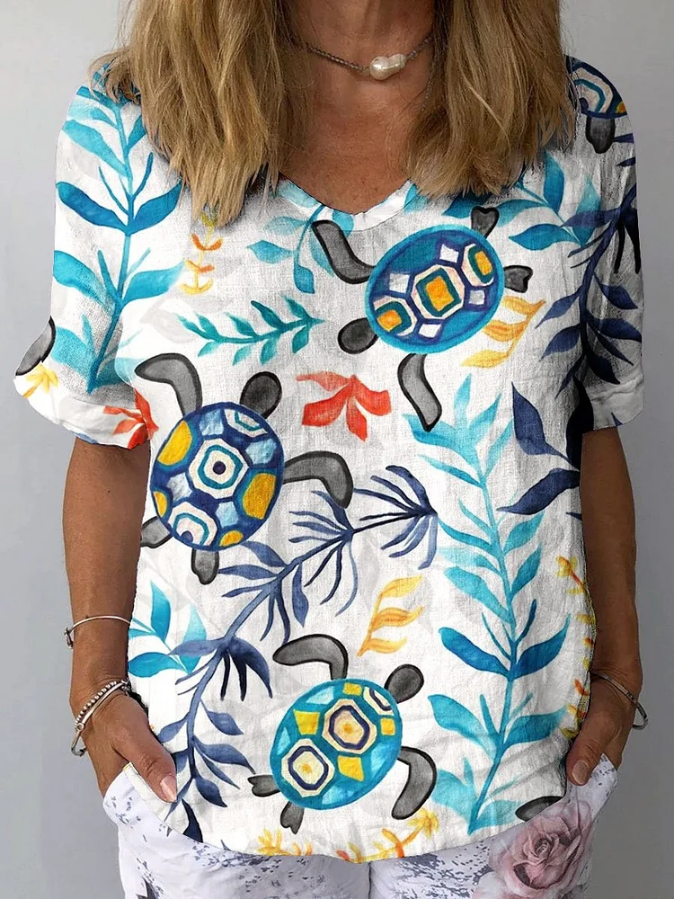 Women's Vintage Ocean Turtle Art Print Casual Cotton And Linen Shirt