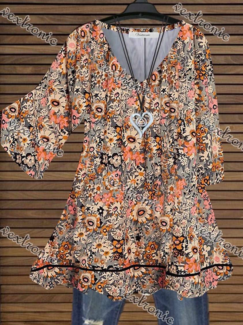 Women Half Sleeve V-neck Floral Printed Graphic Top