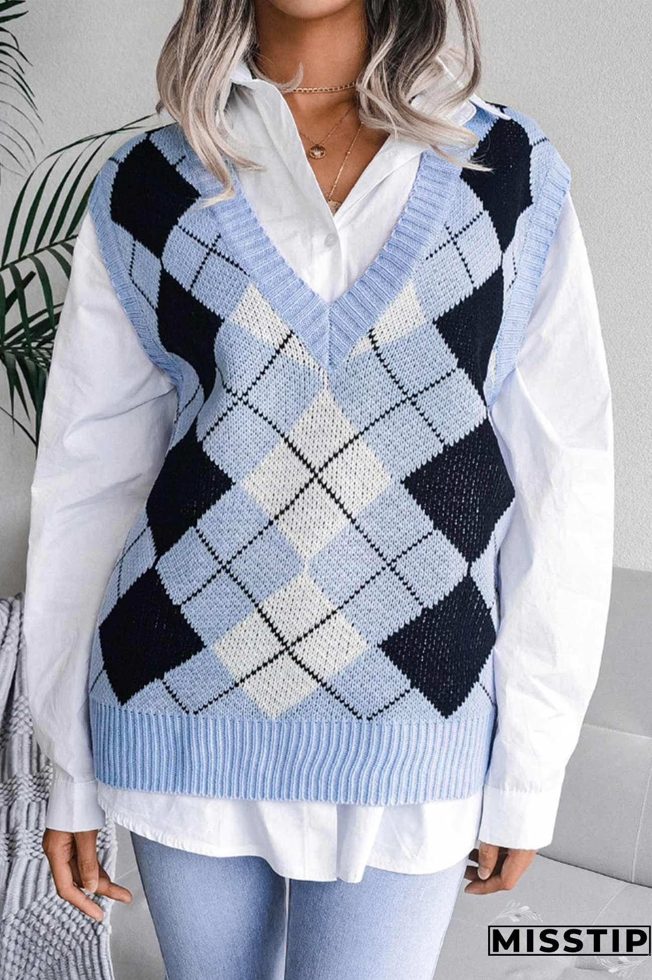 V Neck Checked Knit Tank Sweater