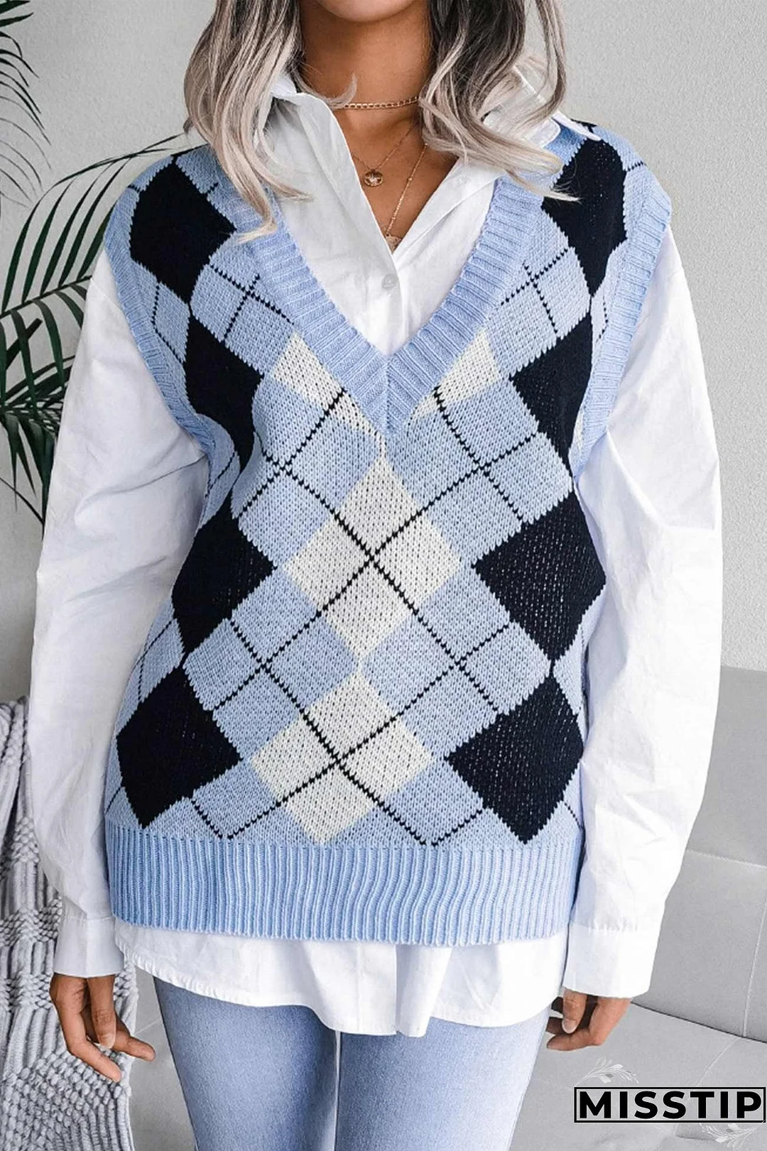 V Neck Checked Knit Tank Sweater