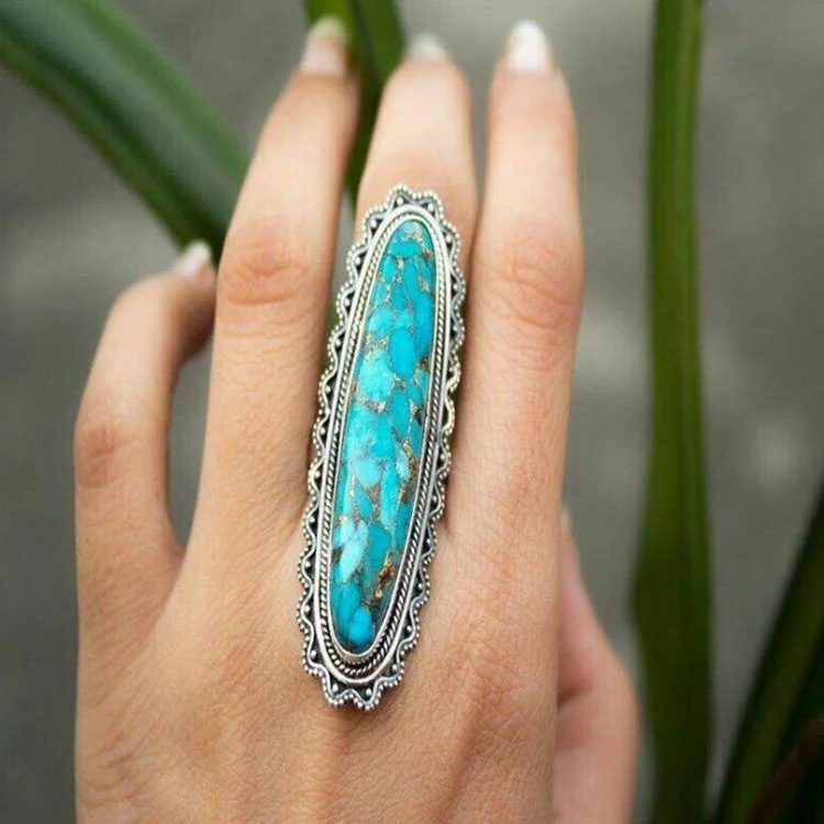 Indian Style Blue Plaid Turquoise Female Ring Jewelry Ring VangoghDress