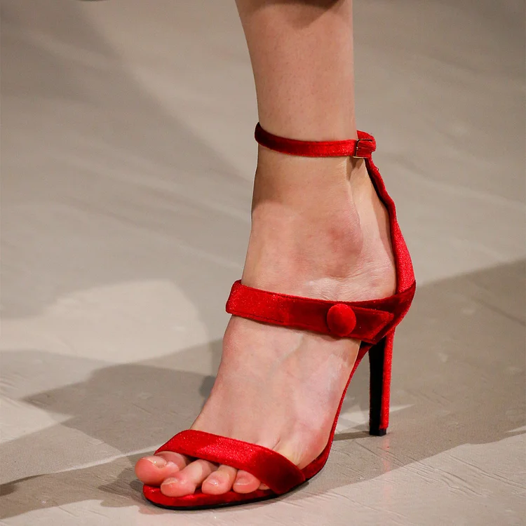 Red Velvet Button Stiletto Heels Sandals Buckle Ankle Strap Sandals |FSJ Shoes