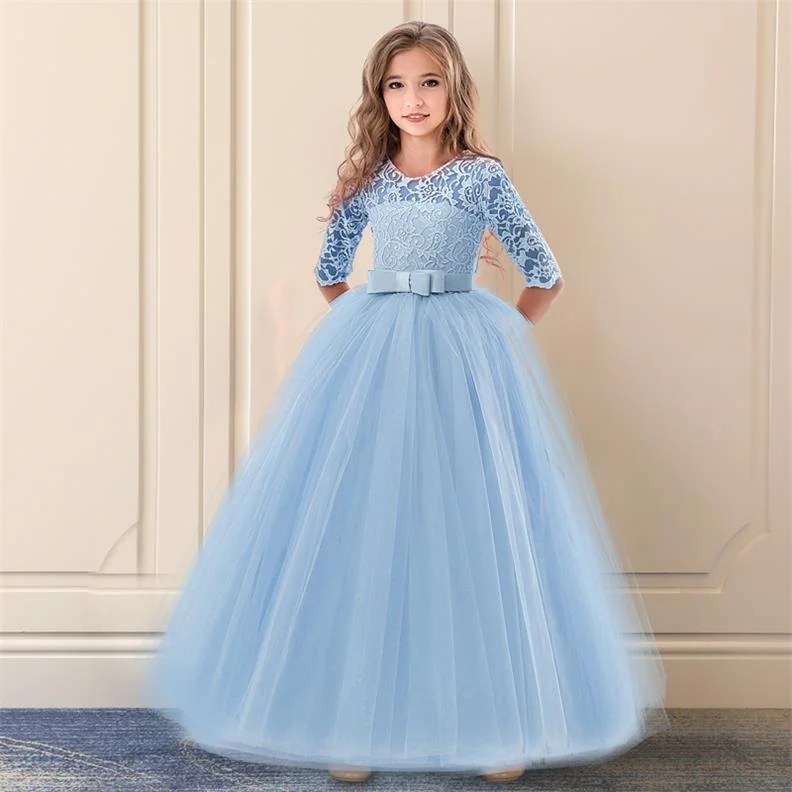Embroidery Girls Lace Dress For Wedding Party Dresses Floral Ceremony Formal Ball Gown Kids Dresses For Girls Robe Fille 8 9 14Y