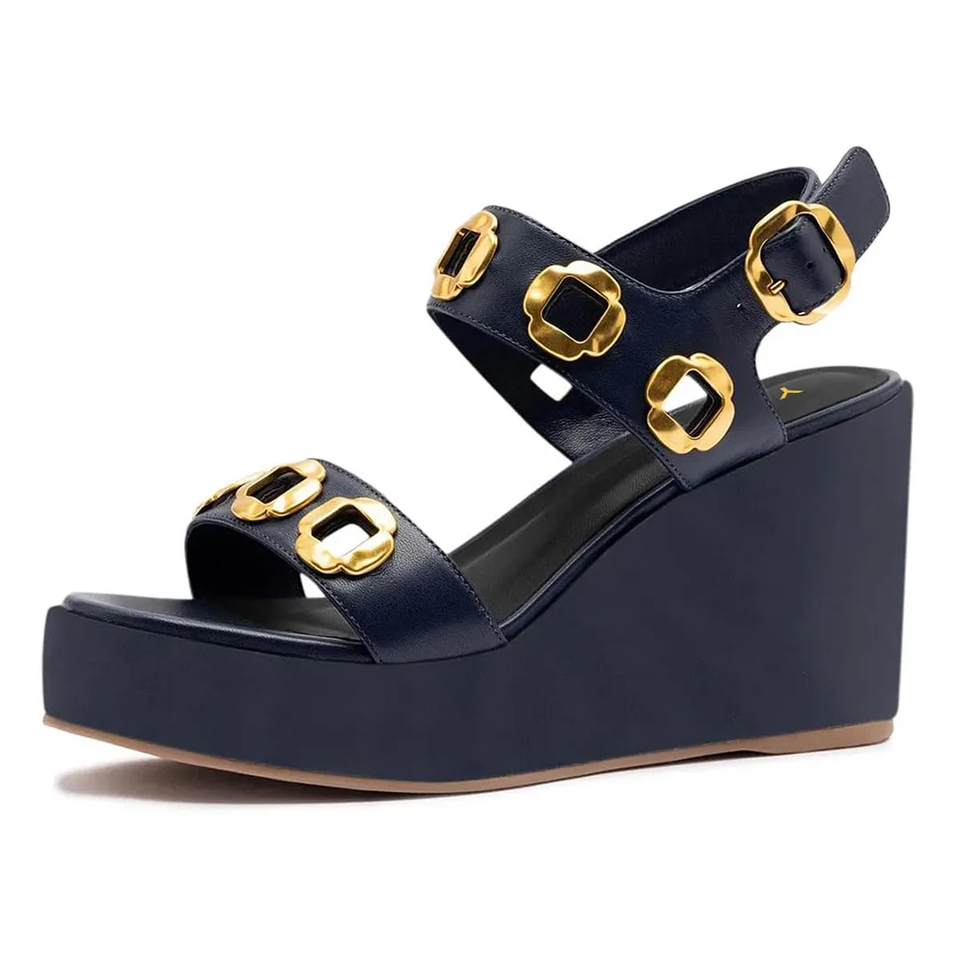 Navy Round Toe Wegge Heel Buckle Strap Women Sandals with Metal Decor