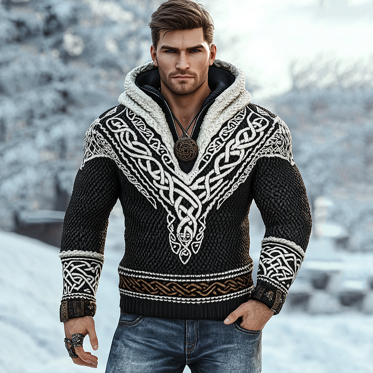 Men's Vintage Viking Inspired Celtic Jacquard Hooded Sweater
