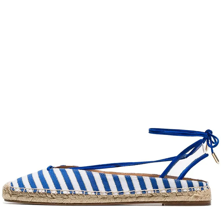 Blue and White Chambray Strappy Comfortable Flats |FSJ Shoes